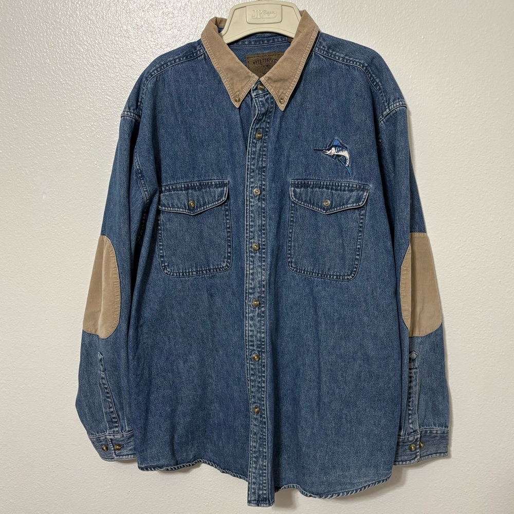 Reel Legends Men’s XXL Denim Corduroy Collar Elbow Patch‎ Embroidered Shirt